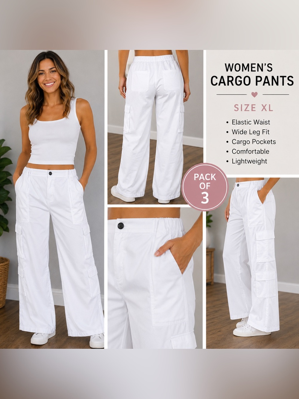 Women’s White Cargo Pants Bundle – Pack of 3 | Size XL